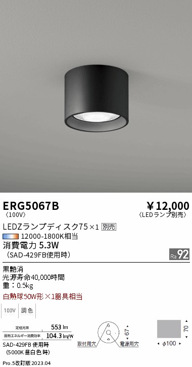 安心のメーカー保証【インボイス対応店】【送料無料】ERG5067B 遠藤照明 シーリングライト LED ランプ別売 Ｎ区分 Ｎ発送の画像