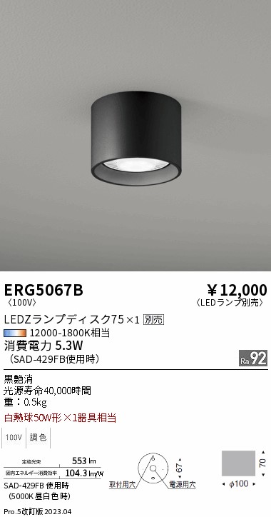 安心のメーカー保証【インボイス対応店】【送料無料】ERG5067B 遠藤照明 シーリングライト LED ランプ別売 Ｎ区分の画像