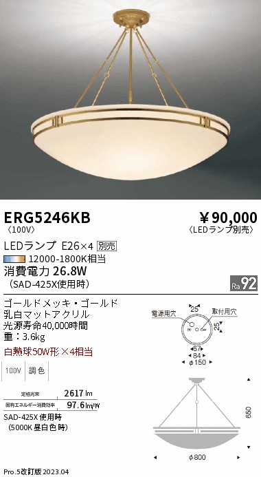 安心のメーカー保証【インボイス対応店】【送料無料】ERG5246KB 遠藤照明 シーリングライト LED ランプ別売 Ｎ区分の画像