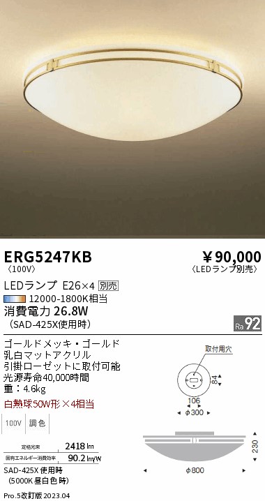 安心のメーカー保証【インボイス対応店】【送料無料】ERG5247KB 遠藤照明 シーリングライト LED ランプ別売 Ｎ区分 メーカー直送の画像