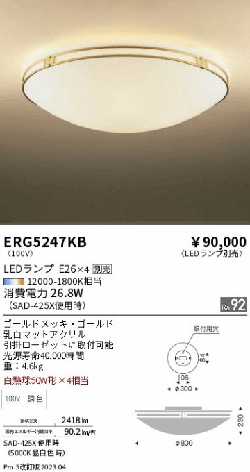 安心のメーカー保証【インボイス対応店】【送料無料】ERG5247KB 遠藤照明 シーリングライト LED ランプ別売 Ｎ区分の画像