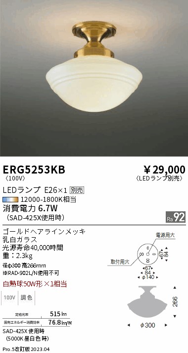 安心のメーカー保証【インボイス対応店】【送料無料】ERG5253KB 遠藤照明 シーリングライト LED ランプ別売 Ｎ区分 Ｎ発送の画像