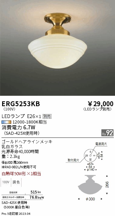 安心のメーカー保証【インボイス対応店】【送料無料】ERG5253KB 遠藤照明 シーリングライト LED ランプ別売 Ｎ区分の画像