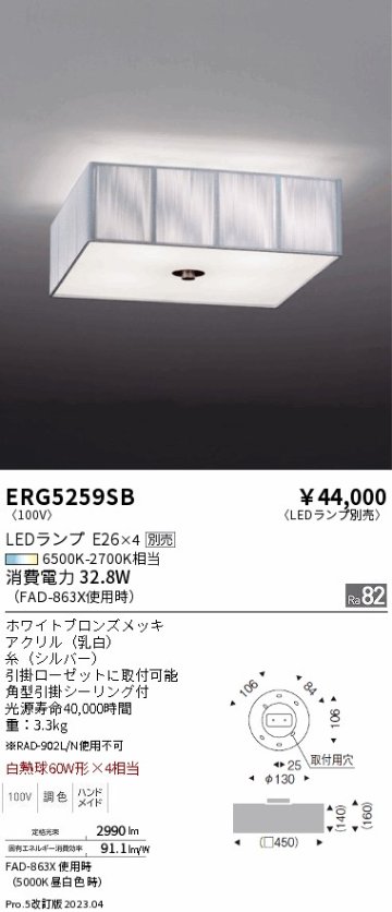 安心のメーカー保証【インボイス対応店】【送料無料】ERG5259SB 遠藤照明 シーリングライト LED ランプ別売 Ｎ区分の画像