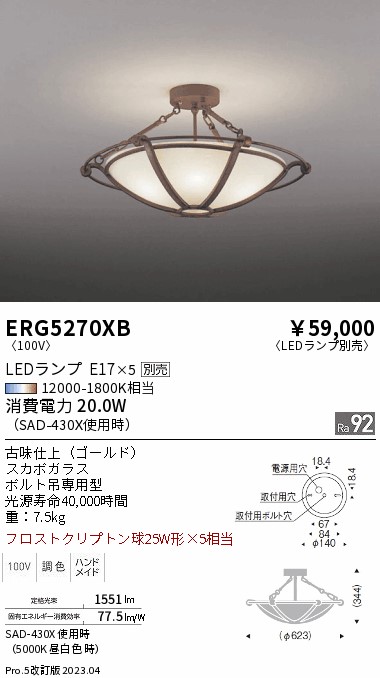 安心のメーカー保証【インボイス対応店】【送料無料】ERG5270XB 遠藤照明 シーリングライト LED ランプ別売 Ｎ区分 メーカー直送の画像