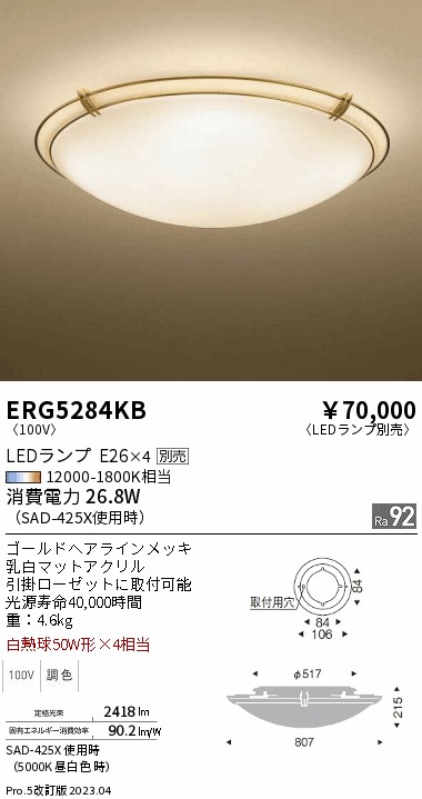 安心のメーカー保証【インボイス対応店】【送料無料】ERG5284KB 遠藤照明 シーリングライト LED ランプ別売 Ｎ区分 メーカー直送の画像