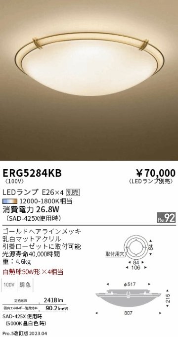 安心のメーカー保証【インボイス対応店】【送料無料】ERG5284KB 遠藤照明 シーリングライト LED ランプ別売 Ｎ区分の画像