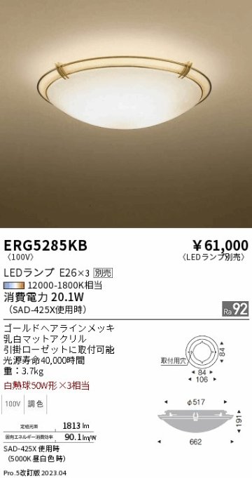 安心のメーカー保証【インボイス対応店】【送料無料】ERG5285KB 遠藤照明 シーリングライト LED ランプ別売 Ｎ区分の画像