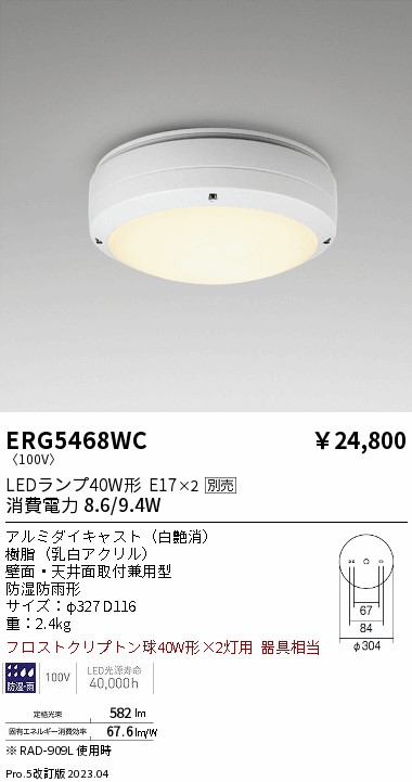 安心のメーカー保証【インボイス対応店】【送料無料】ERG5468WC 遠藤照明 ポーチライト LED ランプ別売 Ｎ区分の画像