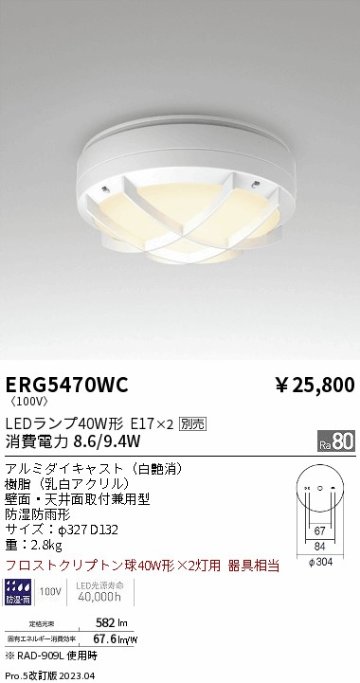 安心のメーカー保証【インボイス対応店】【送料無料】ERG5470WC 遠藤照明 ポーチライト LED ランプ別売 Ｎ区分の画像