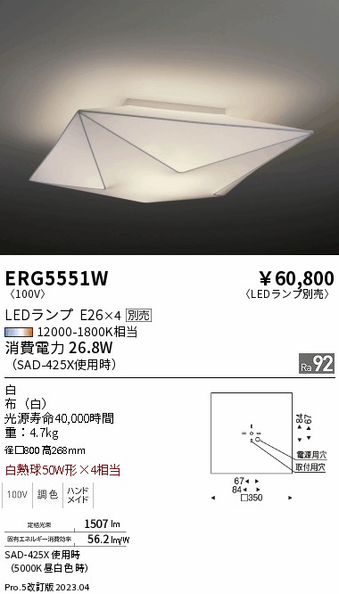 安心のメーカー保証【インボイス対応店】【送料無料】ERG5551W 遠藤照明 ペンダント LED ランプ別売 Ｎ区分 メーカー直送の画像