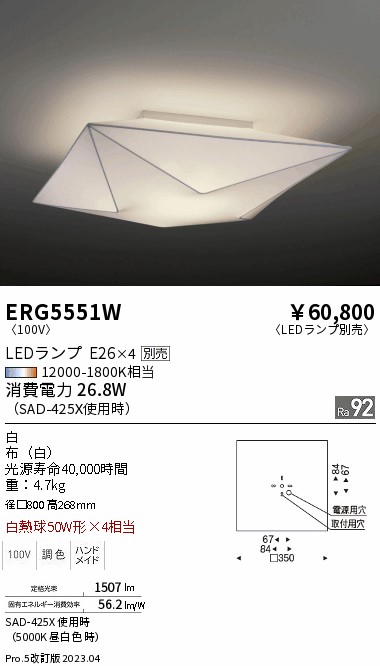 安心のメーカー保証【インボイス対応店】【送料無料】ERG5551W 遠藤照明 ペンダント LED ランプ別売 Ｎ区分の画像