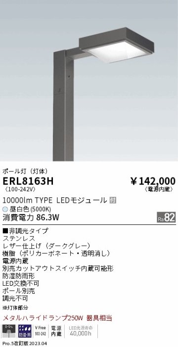 安心のメーカー保証【インボイス対応店】【送料無料】ERL8163H （ポール・アーム別売） 遠藤照明 屋外灯 ポールライト LED  Ｎ区分の画像