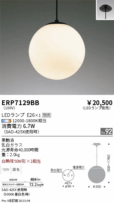 安心のメーカー保証【インボイス対応店】【送料無料】ERP7129BB 遠藤照明 ペンダント LED ランプ別売 Ｎ区分 Ｎ発送の画像