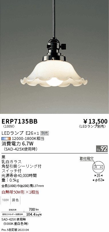 安心のメーカー保証【インボイス対応店】【送料無料】ERP7135BB 遠藤照明 ペンダント LED ランプ別売 Ｎ区分 Ｎ発送の画像