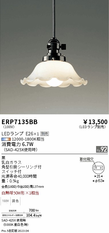 安心のメーカー保証【インボイス対応店】【送料無料】ERP7135BB 遠藤照明 ペンダント LED ランプ別売 Ｎ区分の画像