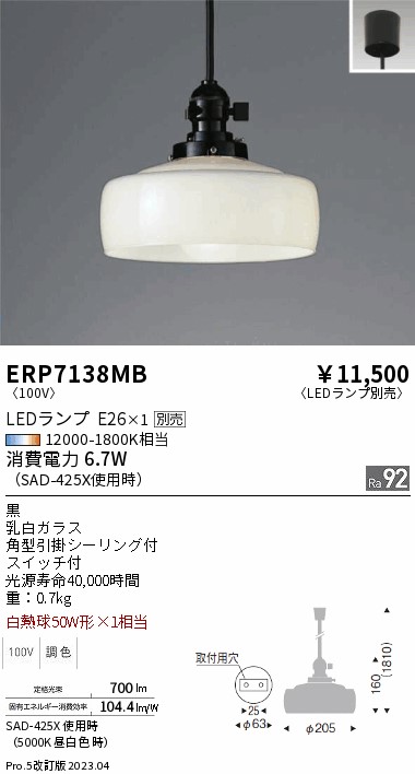 安心のメーカー保証【インボイス対応店】【送料無料】ERP7138MB 遠藤照明 ペンダント LED ランプ別売 Ｎ区分 Ｎ発送の画像