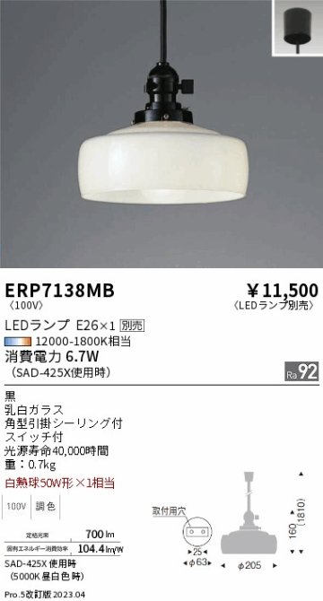 安心のメーカー保証【インボイス対応店】【送料無料】ERP7138MB 遠藤照明 ペンダント LED ランプ別売 Ｎ区分の画像