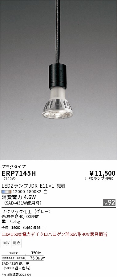 安心のメーカー保証【インボイス対応店】【送料無料】ERP7145H 遠藤照明 ペンダント 配線ダクト用 LED ランプ別売 Ｎ区分の画像