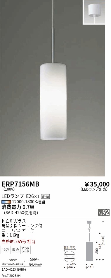 安心のメーカー保証【インボイス対応店】【送料無料】ERP7156MB 遠藤照明 ペンダント LED ランプ別売 Ｎ区分 Ｎ発送の画像