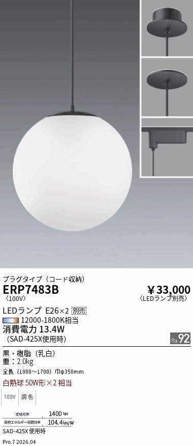 安心のメーカー保証【インボイス対応店】【送料無料】ERP7483B 遠藤照明 ペンダント 配線ダクト用 LED ランプ別売 Ｎ区分 Ｎ発送の画像