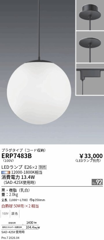 安心のメーカー保証【インボイス対応店】【送料無料】ERP7483B 遠藤照明 ペンダント 配線ダクト用 LED ランプ別売 Ｎ区分 Ｎ発送の画像