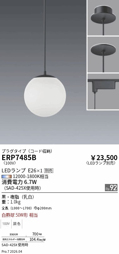 安心のメーカー保証【インボイス対応店】【送料無料】ERP7485B 遠藤照明 ペンダント 配線ダクト用 LED ランプ別売 Ｎ区分 Ｎ発送の画像