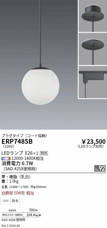 安心のメーカー保証【インボイス対応店】【送料無料】ERP7485B 遠藤照明 ペンダント 配線ダクト用 LED ランプ別売 Ｎ区分 Ｎ発送の画像