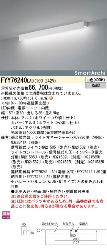 安心のメーカー保証【インボイス対応店】FYY76240LA9 パナソニック ベースライト 建築化照明器具 LED  受注生産品  Ｈ区分の画像