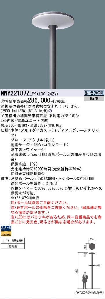 安心のメーカー保証【インボイス対応店】NNY22187ZLF9 パナソニック 屋外灯 ポールライト 灯具のみ ポール別売 LED  受注生産品  Ｎ区分の画像