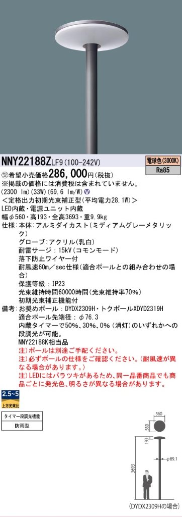 安心のメーカー保証【インボイス対応店】NNY22188ZLF9 パナソニック 屋外灯 ポールライト 灯具のみ ポール別売 LED  受注生産品  Ｎ区分の画像