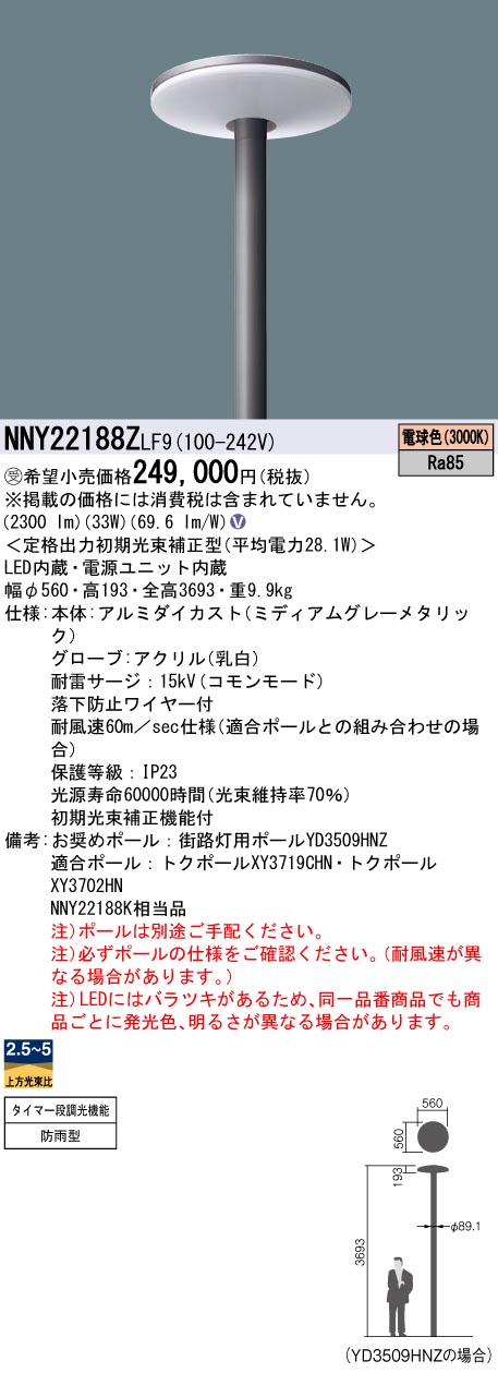 安心のメーカー保証【インボイス対応店】NNY22188ZLF9 パナソニック 屋外灯 ポールライト 灯具のみ ポール別売 LED  受注生産品  Ｎ区分の画像