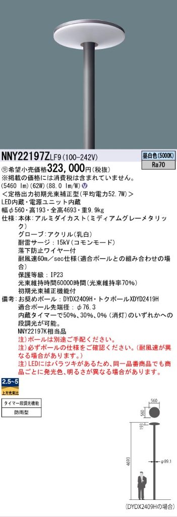 安心のメーカー保証【インボイス対応店】NNY22197ZLF9 パナソニック 屋外灯 ポールライト 灯具のみ ポール別売 LED  受注生産品  Ｎ区分の画像