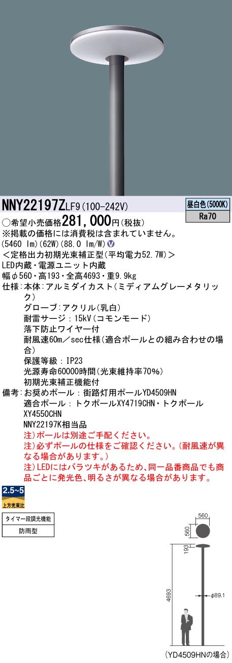 安心のメーカー保証【インボイス対応店】NNY22197ZLF9 パナソニック 屋外灯 ポールライト 灯具のみ ポール別売 LED  Ｎ区分の画像