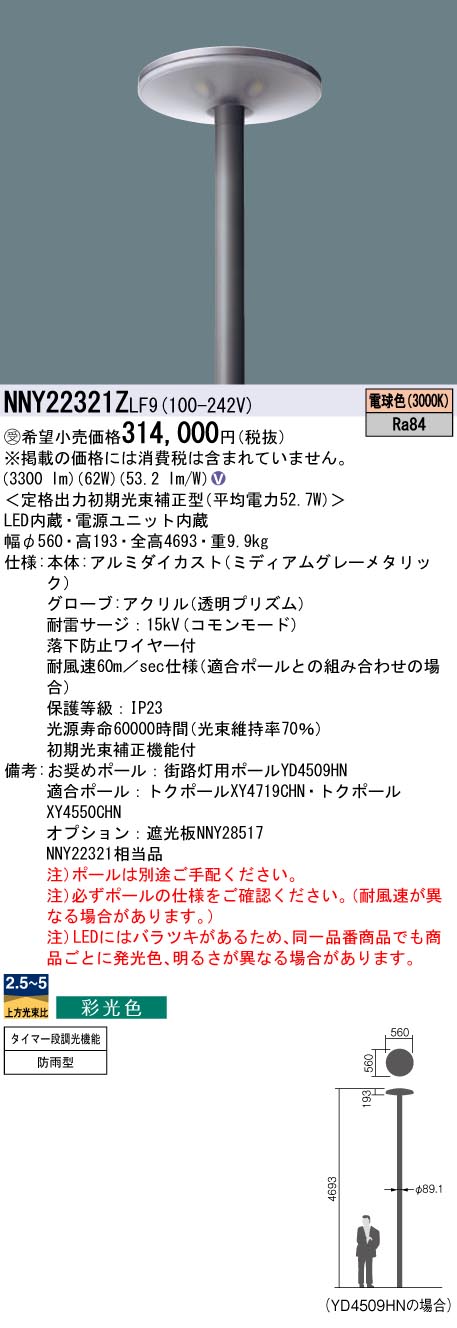 安心のメーカー保証【インボイス対応店】NNY22321ZLF9 パナソニック 屋外灯 ポールライト 灯具のみ ポール別売 LED  受注生産品  Ｎ区分の画像