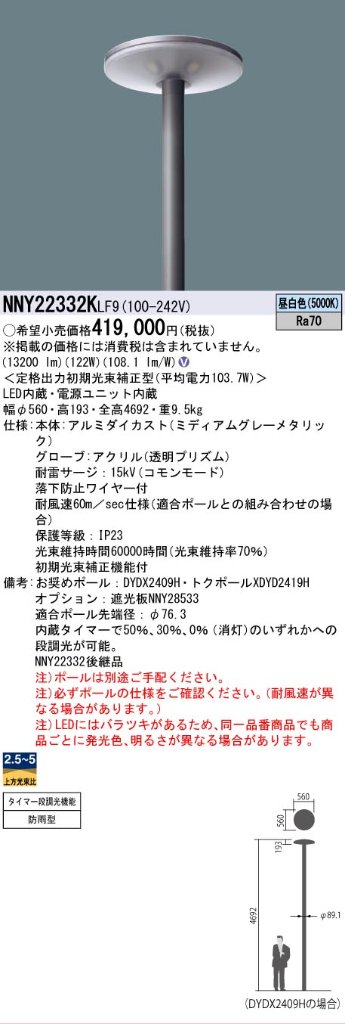 安心のメーカー保証【インボイス対応店】NNY22332KLF9 パナソニック 屋外灯 ポールライト 灯具のみ ポール別売 LED  Ｎ区分の画像