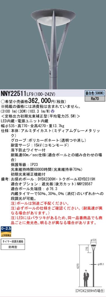 安心のメーカー保証【インボイス対応店】NNY22511LF9 パナソニック 屋外灯 ポールライト 灯具のみ ポール別売 LED  Ｎ区分の画像
