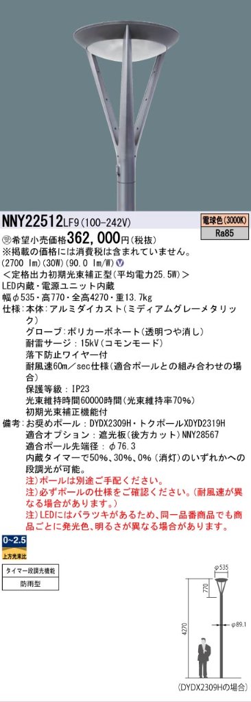 安心のメーカー保証【インボイス対応店】NNY22512LF9 パナソニック 屋外灯 ポールライト 灯具のみ ポール別売 LED  受注生産品  Ｎ区分の画像