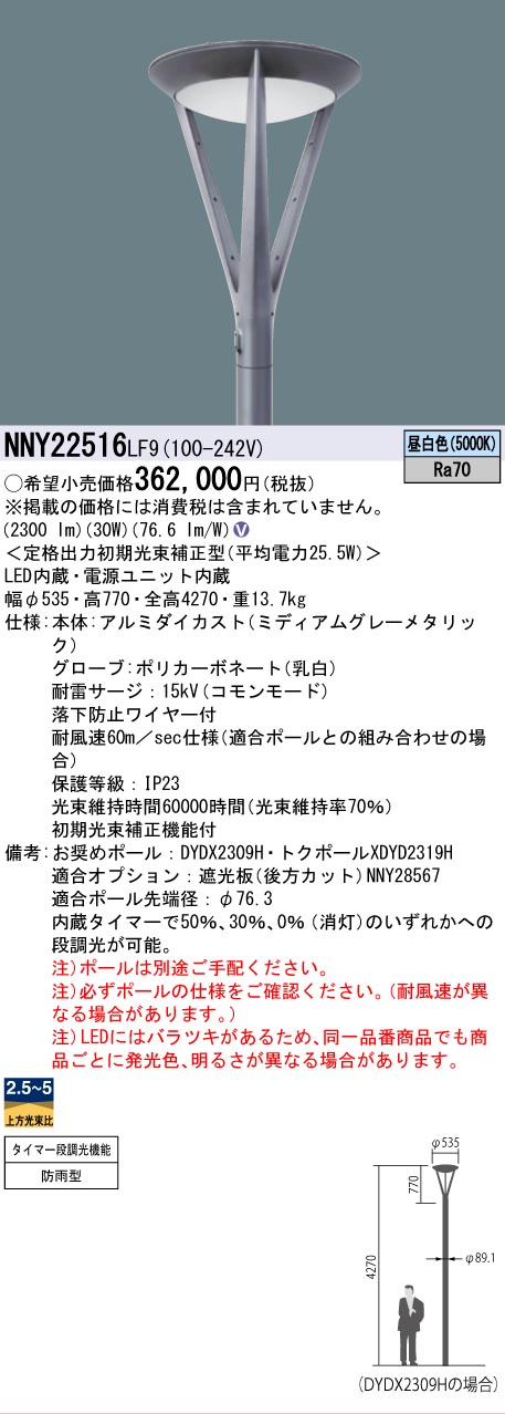 安心のメーカー保証【インボイス対応店】NNY22516LF9 パナソニック 屋外灯 ポールライト 灯具のみ ポール別売 LED  Ｎ区分の画像