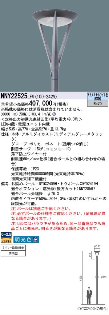 安心のメーカー保証【インボイス対応店】NNY22525LF9 パナソニック 屋外灯 ポールライト 灯具のみ ポール別売 LED  受注生産品  Ｎ区分の画像