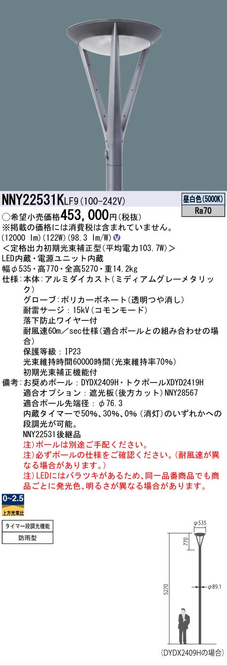 安心のメーカー保証【インボイス対応店】NNY22531KLF9 パナソニック 屋外灯 ポールライト 灯具のみ ポール別売 LED  Ｎ区分の画像