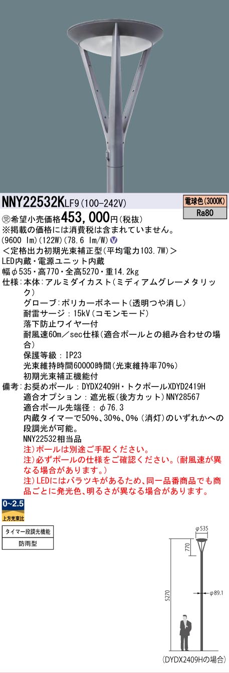 安心のメーカー保証【インボイス対応店】NNY22532KLF9 パナソニック 屋外灯 ポールライト 灯具のみ ポール別売 LED  受注生産品  Ｎ区分の画像