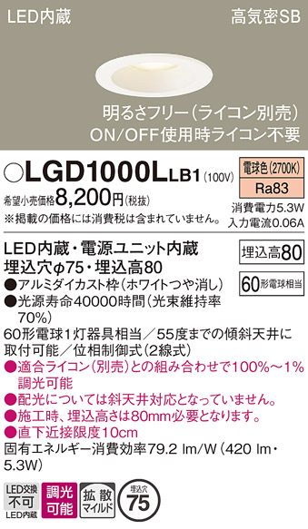 安心のメーカー保証【インボイス対応店】【送料無料】LGD1000LLB1 パナソニック ダウンライト 一般形 LED  Ｔ区分の画像