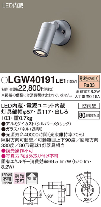 安心のメーカー保証【インボイス対応店】【送料無料】LGW40191LE1 パナソニック 屋外灯 スポットライト LED  Ｔ区分の画像