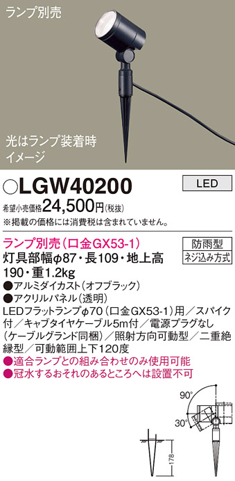 安心のメーカー保証【インボイス対応店】【送料無料】LGW40200 パナソニック 屋外灯 ガーデンライト LED ランプ別売 Ｔ区分の画像