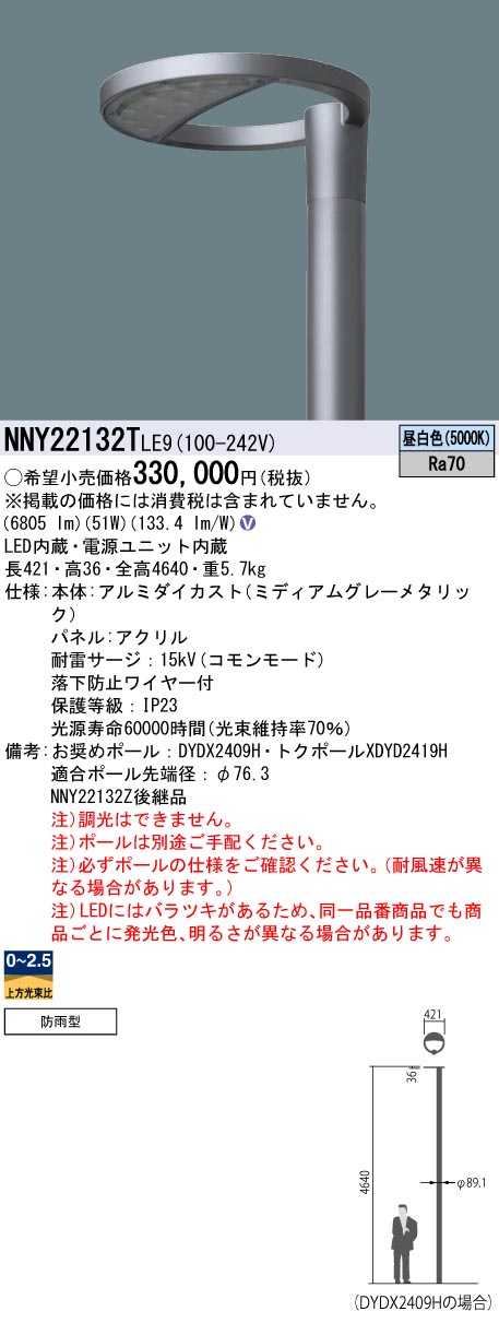 安心のメーカー保証【インボイス対応店】NNY22132TLE9 （ポール別売） パナソニック 屋外灯 ポール灯 灯具のみ LED  Ｎ区分の画像