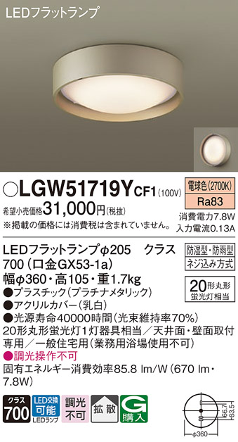 安心のメーカー保証【インボイス対応店】【送料無料】LGW51719YCF1 パナソニック 浴室灯 LED  Ｔ区分の画像