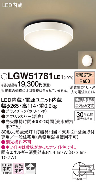 安心のメーカー保証【インボイス対応店】【送料無料】LGW51781LE1 パナソニック ポーチライト 軒下用 LED  Ｔ区分の画像