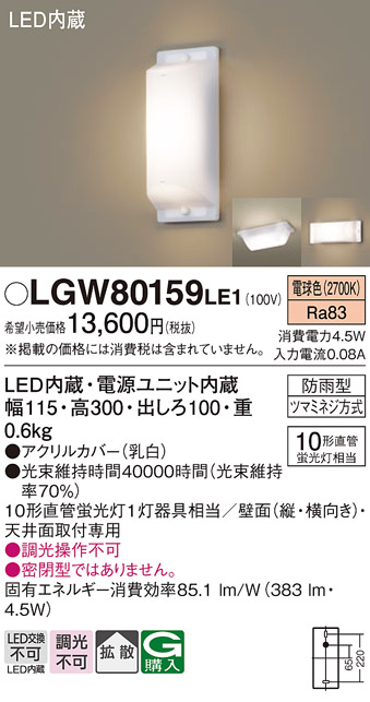 安心のメーカー保証【インボイス対応店】【送料無料】LGW80159LE1 パナソニック 屋外灯 その他屋外灯 LED  Ｔ区分の画像