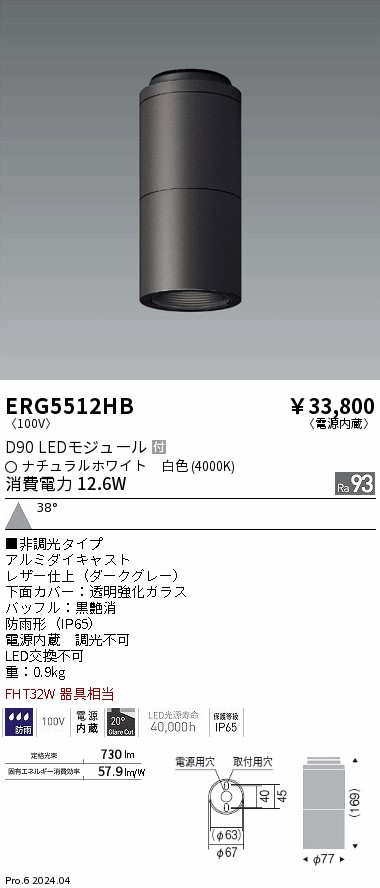 安心のメーカー保証【インボイス対応店】【送料無料】ERG5512HB 遠藤照明 ポーチライト 軒下用 LED  Ｎ区分 Ｎ発送の画像